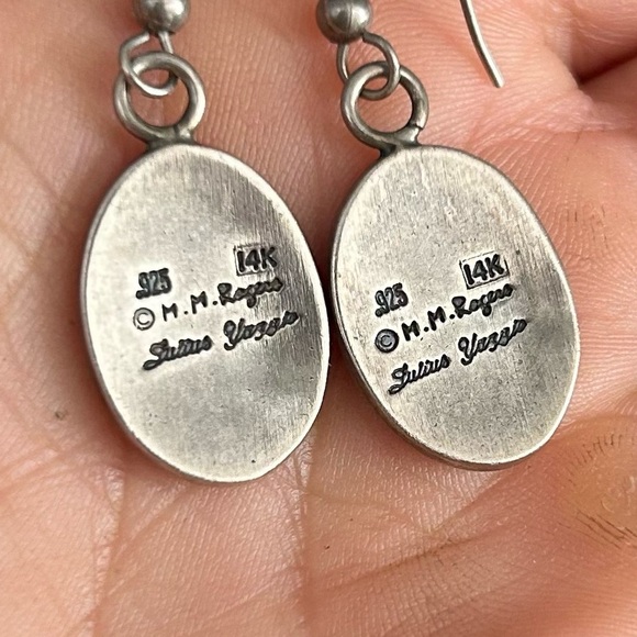 Vintage Navajo MM Rogers Kokopelli Sterling Silver 14kt signed Drop Earrings - Picture 4 of 4